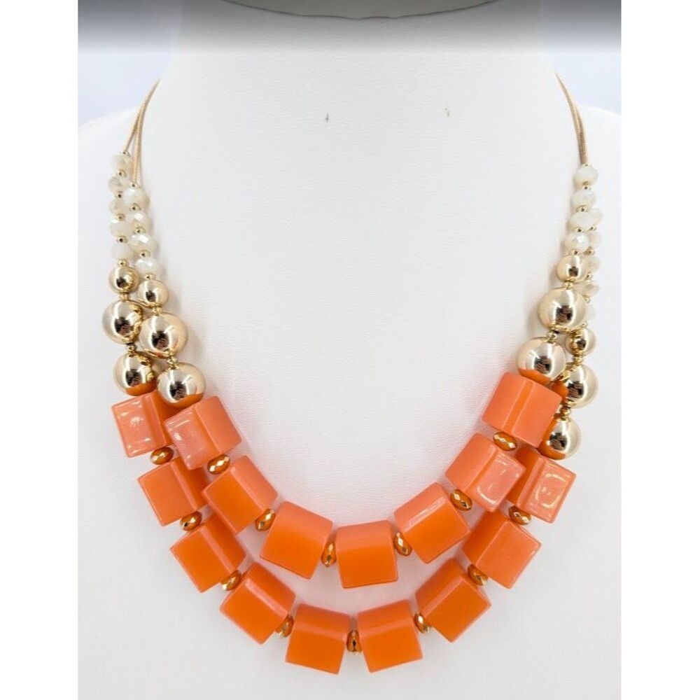 The Limited Necklace Orange Acrylic Gold Tone White Beads 3 Strand Bib 21in 60g